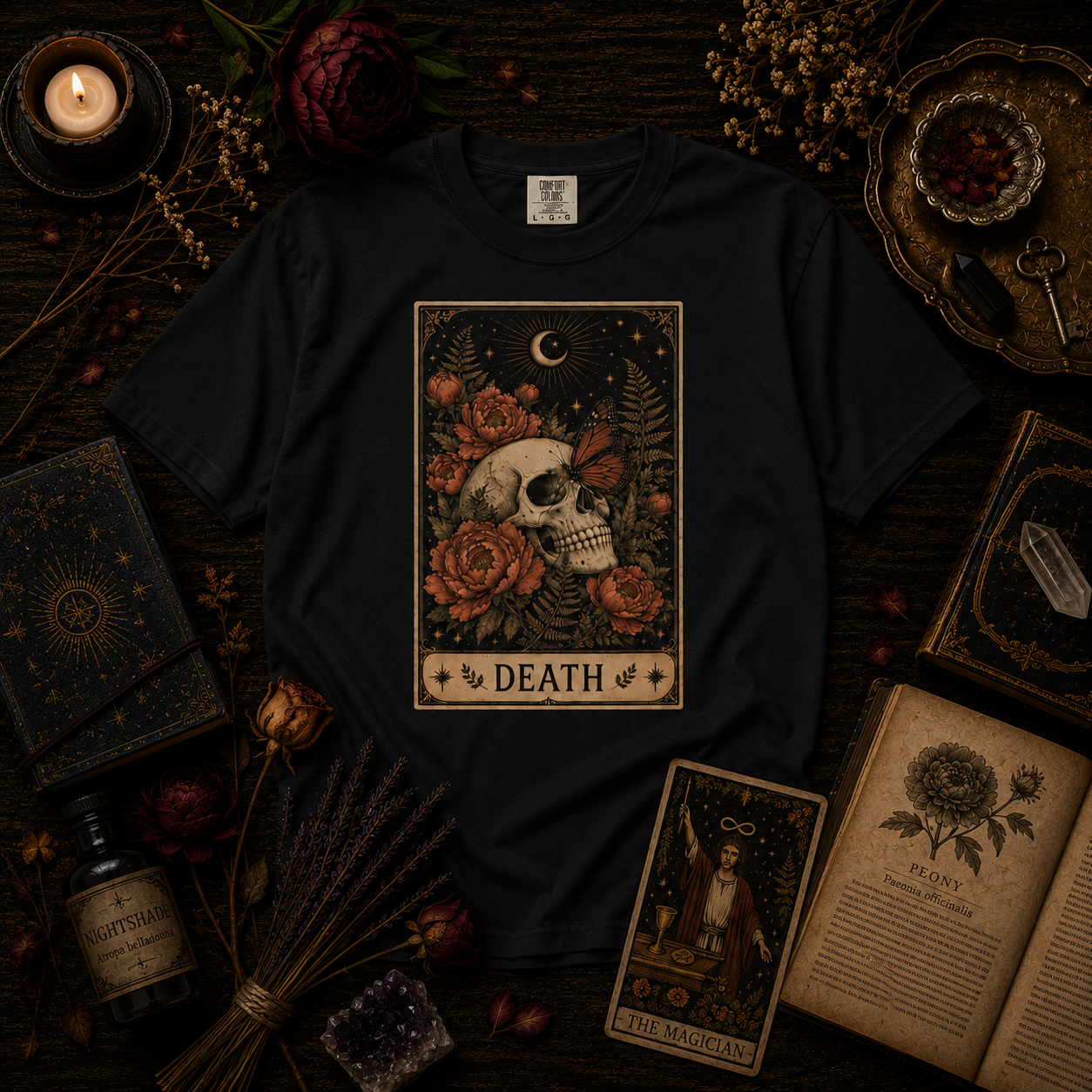 Vintage Death Tarot Card T-Shirt - Floral Skull & Butterfly Tee