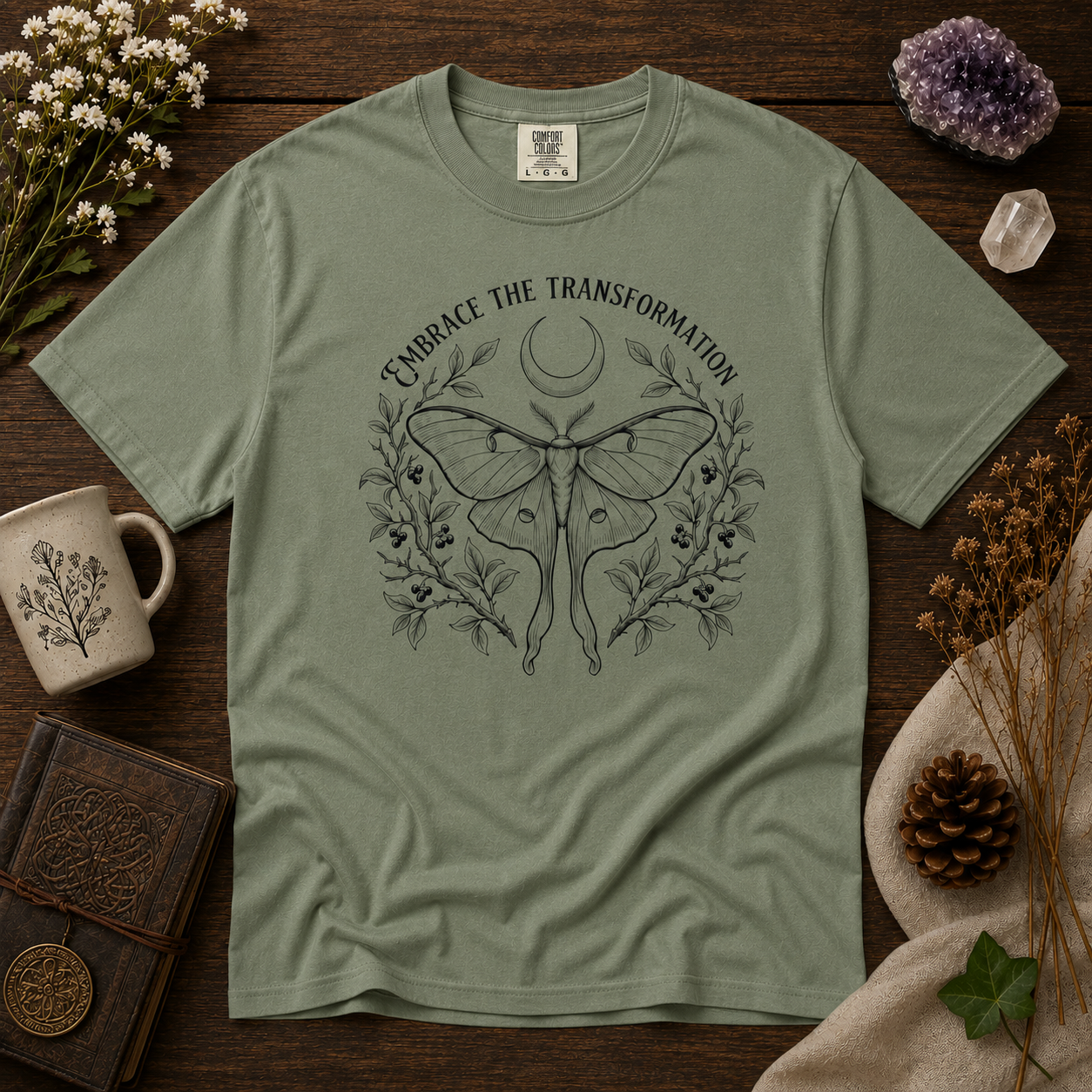 Transformation Moth T-Shirt — Crescent Moon & Botanical Graphic