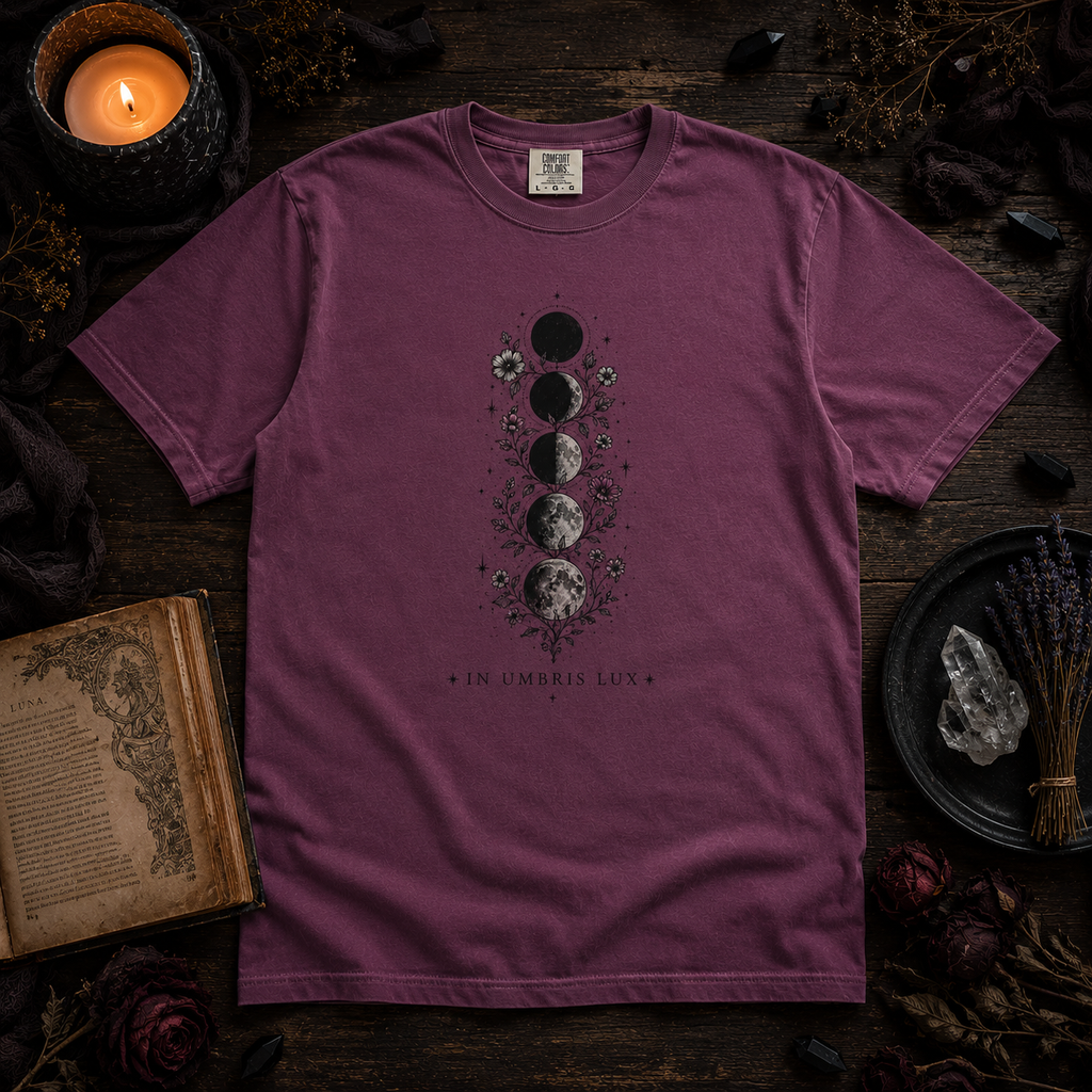 In Darkness, Light T-Shirt — Latin Lunar Phases Graphic Tee