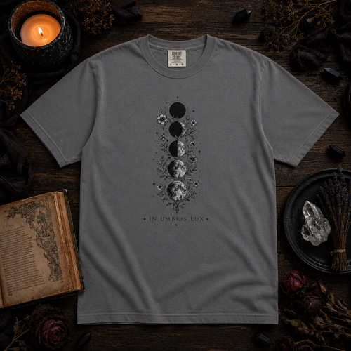 In Darkness, Light T-Shirt — Latin Lunar Phases Graphic Tee