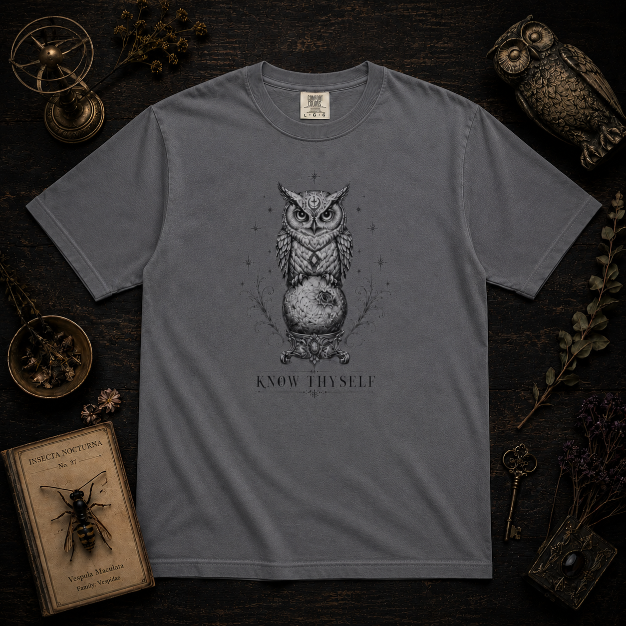 Know Thyself Owl T-Shirt - THE INK OF THE GRIMOIRES - Mystic Owl Graphic Tee