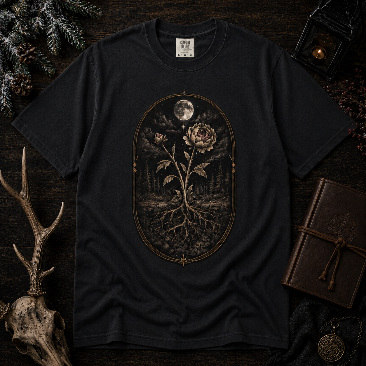 Botanical Moonflower T-Shirt - Vintage Floral with Roots Graphic