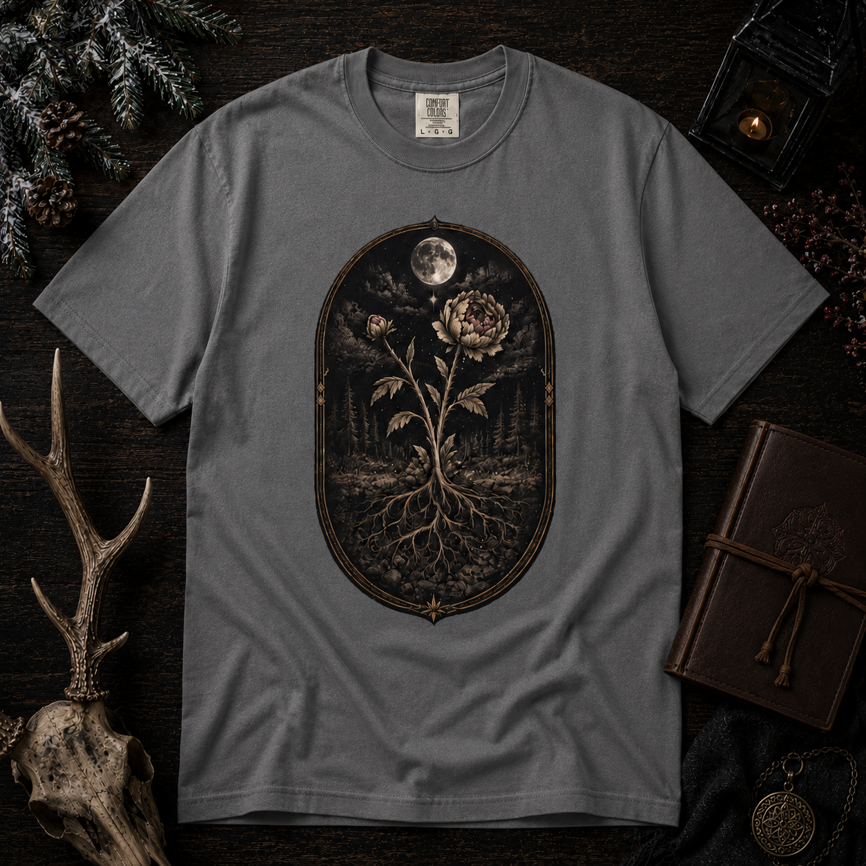 Botanical Moonflower T-Shirt - Vintage Floral with Roots Graphic