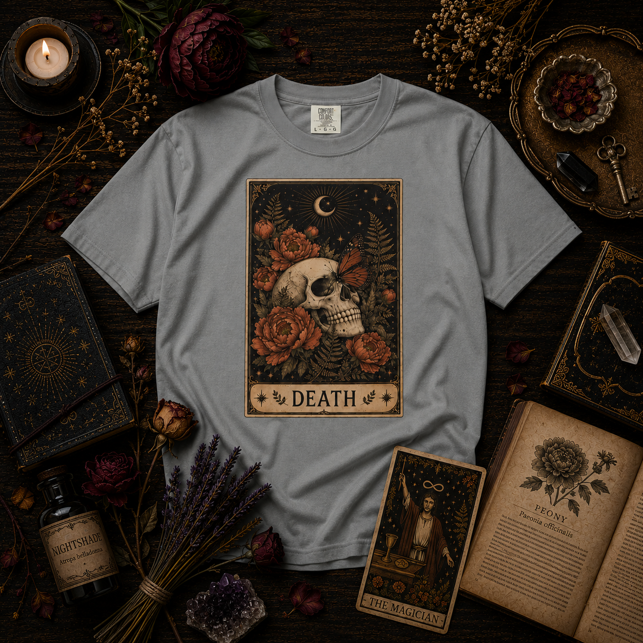 Vintage Death Tarot Card T-Shirt - Floral Skull & Butterfly Tee