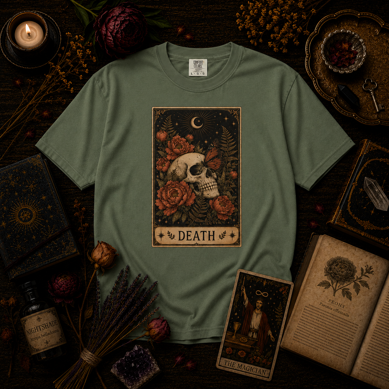 Vintage Death Tarot Card T-Shirt - Floral Skull & Butterfly Tee