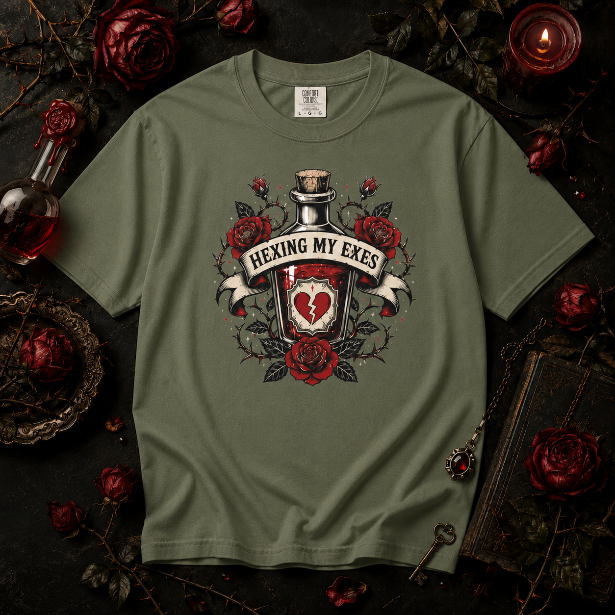 Hexing My Exes - Potion Bottle Design - Gothic Rose, Tattoo Art Style, Humor